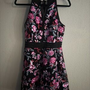 by & by Black Dress with Pink and White Embroidery